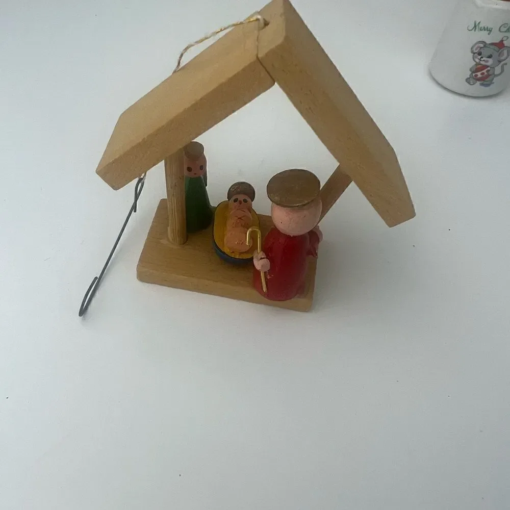 Vintage Mini Nativity Scene  Manger Wooden Christmas Ornament and candle/ holder